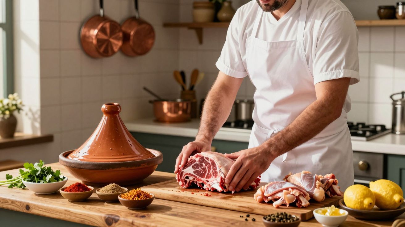 Homem a preparar carne crua numa cozinha com especiarias, limões e um tagine de barro.
