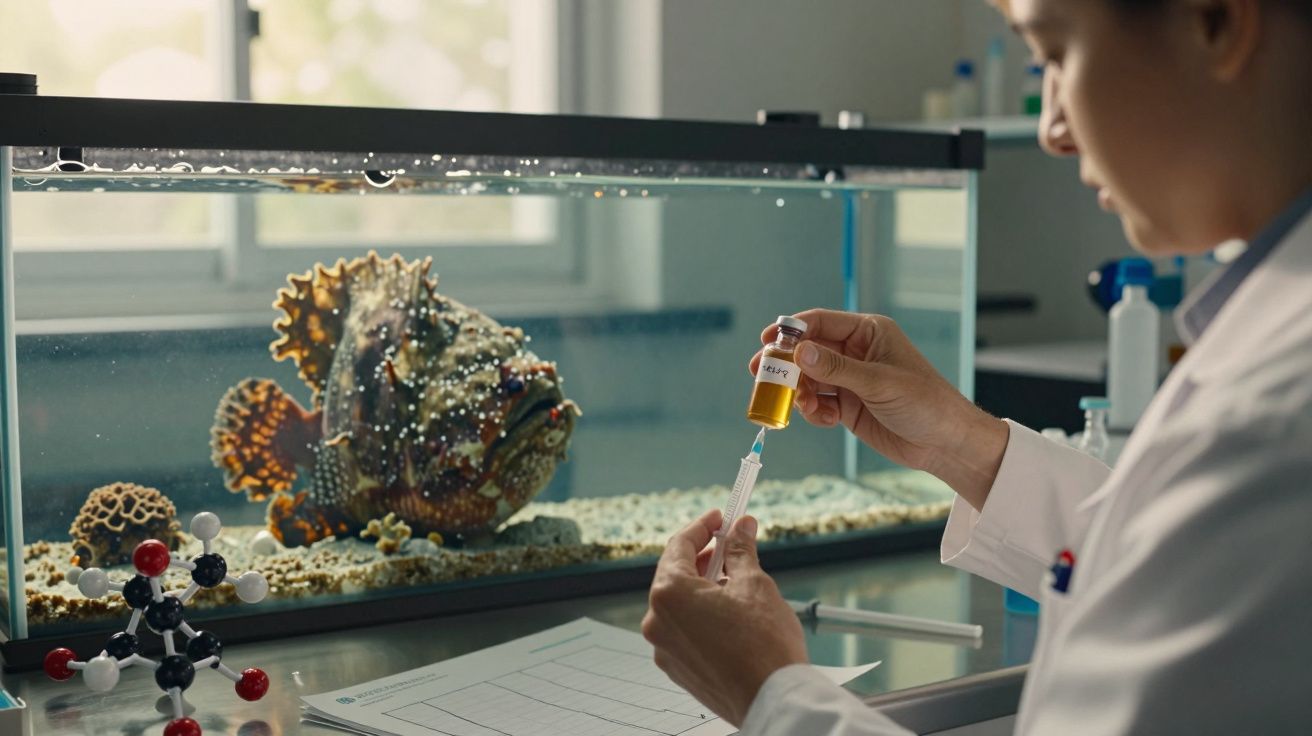 Cientista prepara amostra com seringa em laboratório com aquário contendo peixe exótico decorativo.