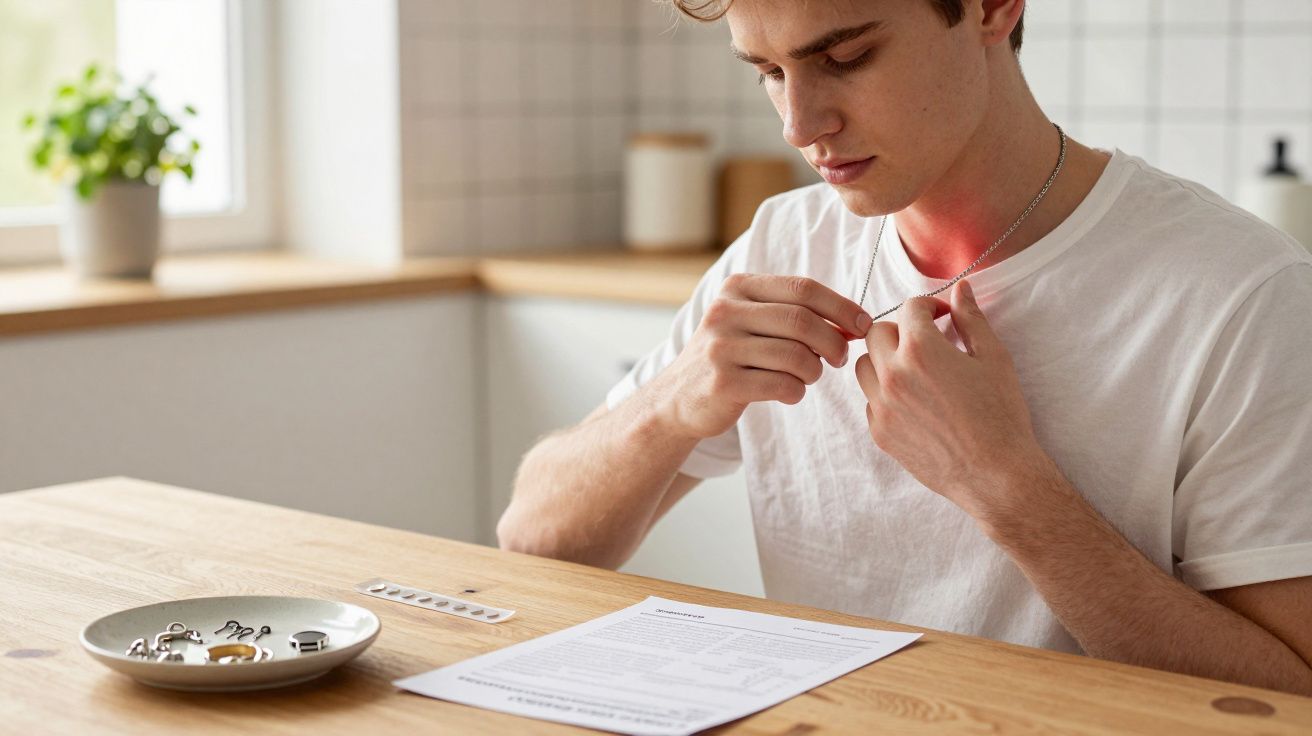 Homem sentado à mesa preparando colar com pendente, com equipamento odontológico e documento à sua frente.