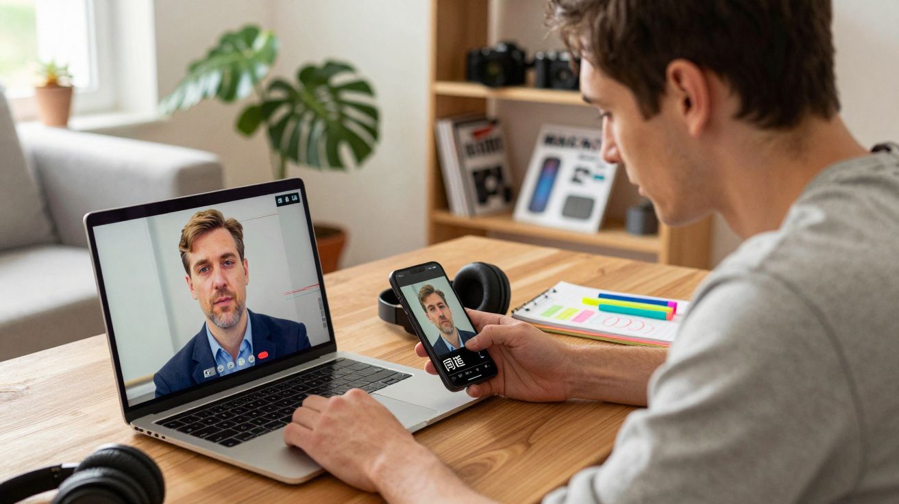 Homem em videochamada no portátil e telemóvel sentado à mesa com mesa de trabalho organizada.