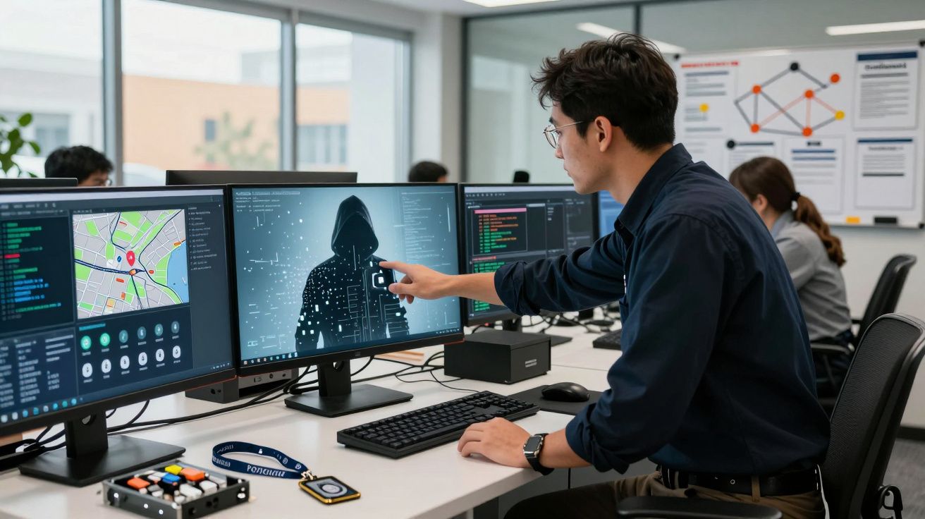 Homem de óculos interage com ecrã de computador que mostra imagem digital de hacker e mapa urbano num escritório moderno.