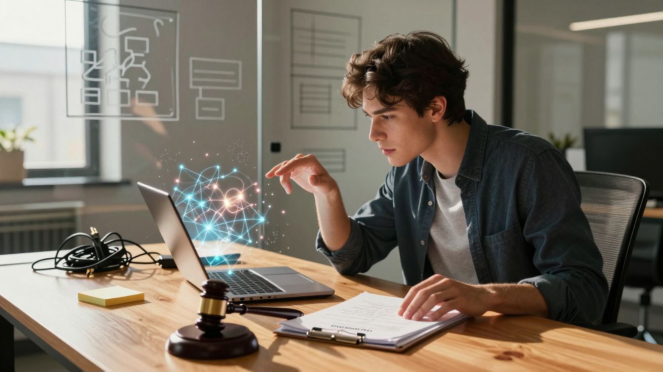 Jovem a analisar dados digitais num computador portátil com martelo de juiz numa mesa de madeira.