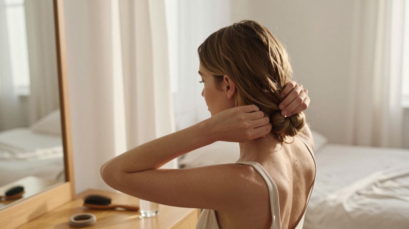 Mulher vista de costas a apanhçar o cabelo junto a uma cómoda com espelho, num quarto iluminado.