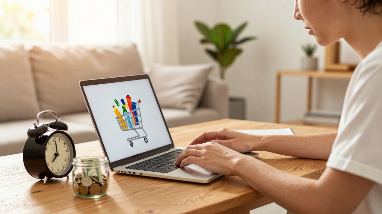 Pessoa a fazer compras online num portátil numa mesa de madeira com relógio e frasco de moedas.