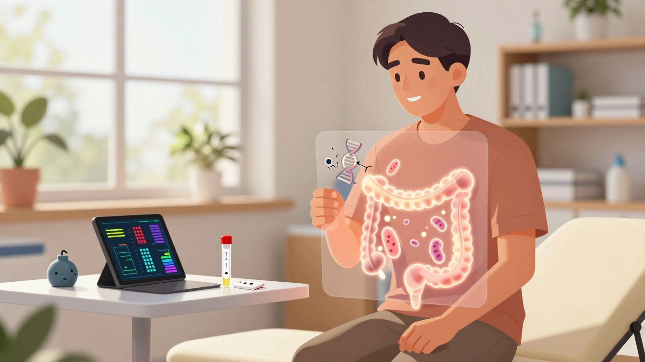 Homem sentado a analisar holograma do trato intestinal e bactérias com dispositivo digital numa sala.