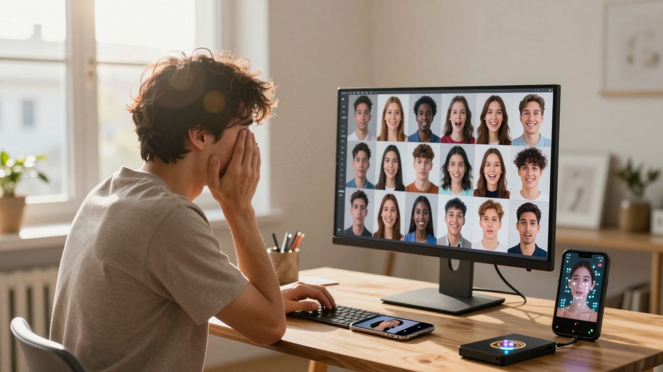 Jovem com mãos na cara participa em videoconferência com várias pessoas em monitor e telefone.