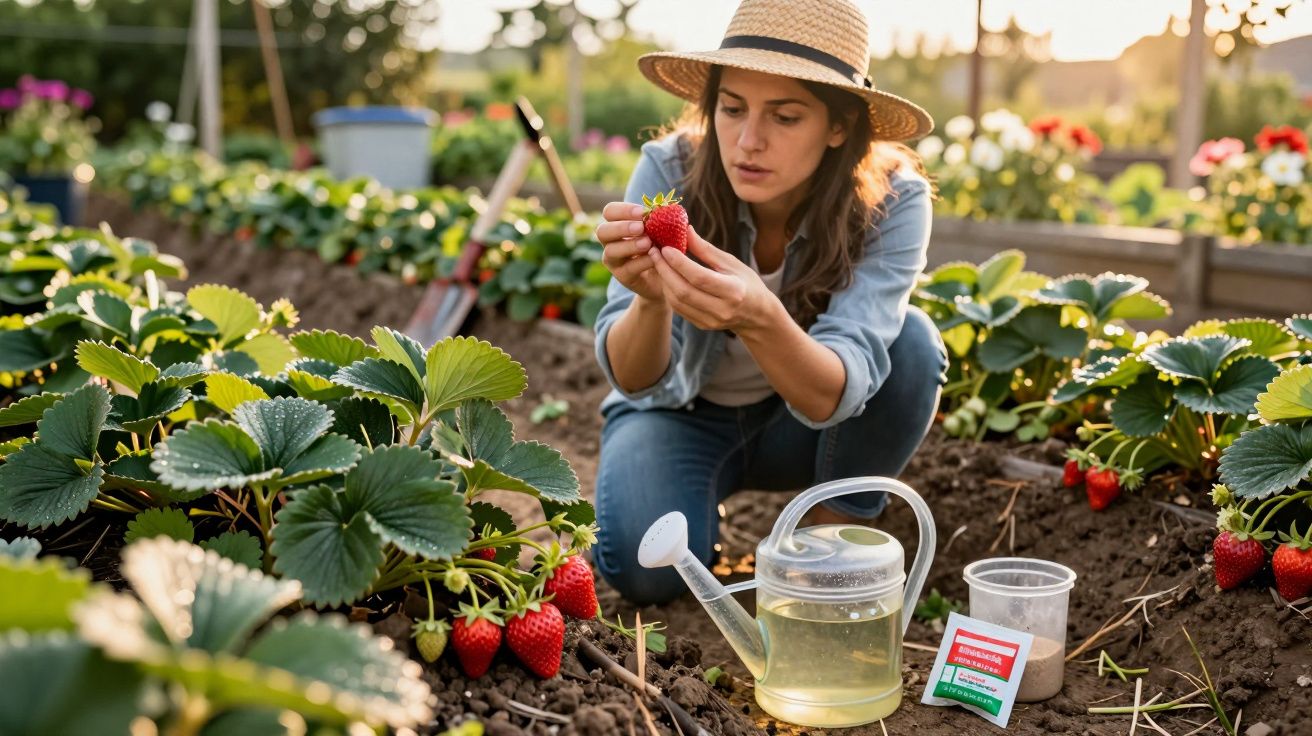 Mulher com chapéu a observar morango maduro numa plantação, com regador e adubo ao lado.