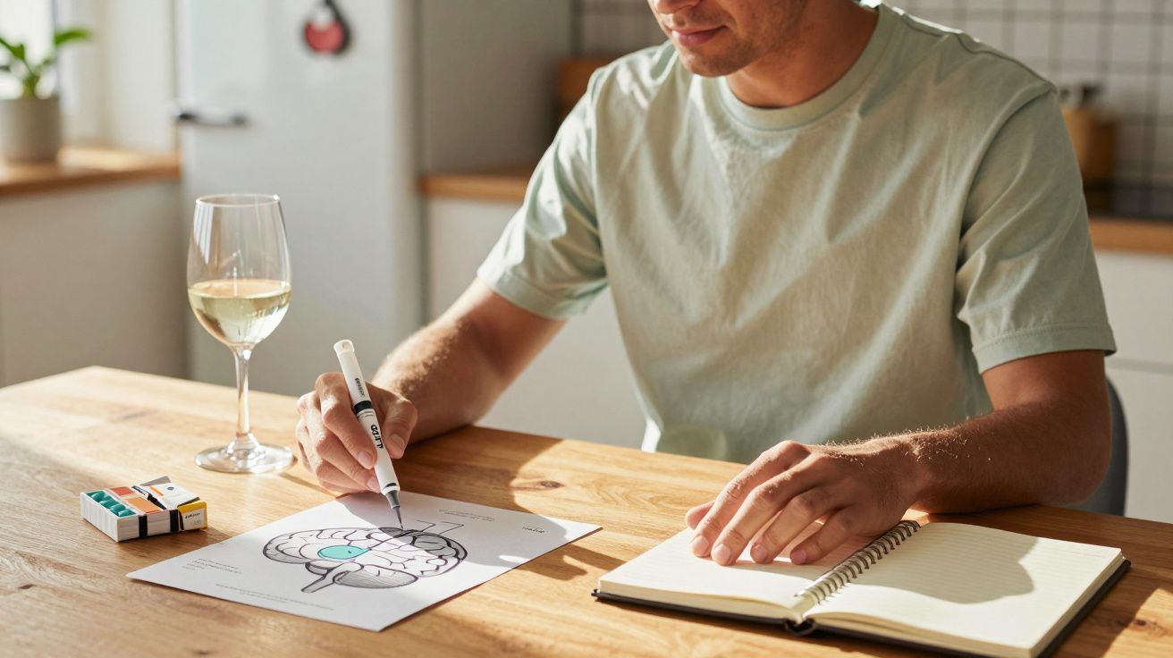 Homem sentado à mesa a desenhar um cérebro num papel, com um caderno aberto e copo de vinho branco ao lado.