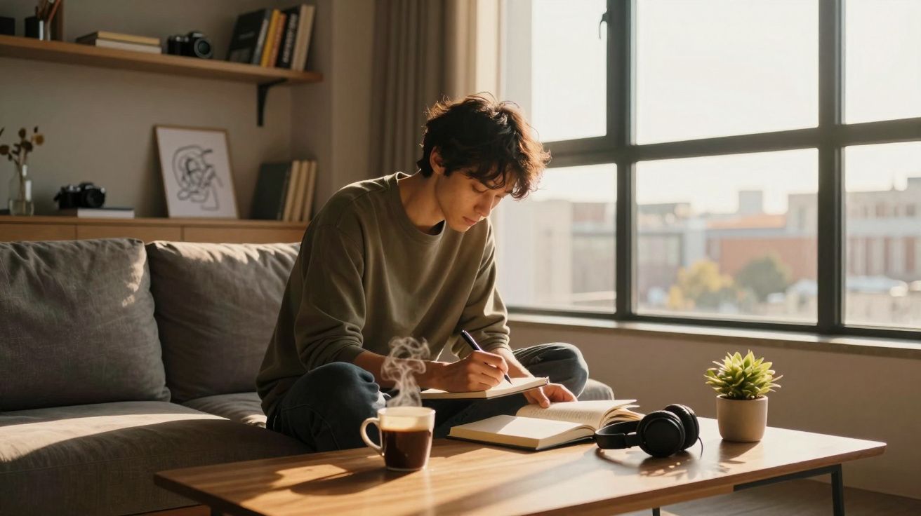 Pessoa sentada no sofá a escrever num caderno, com café quente e auscultadores numa mesa à frente.