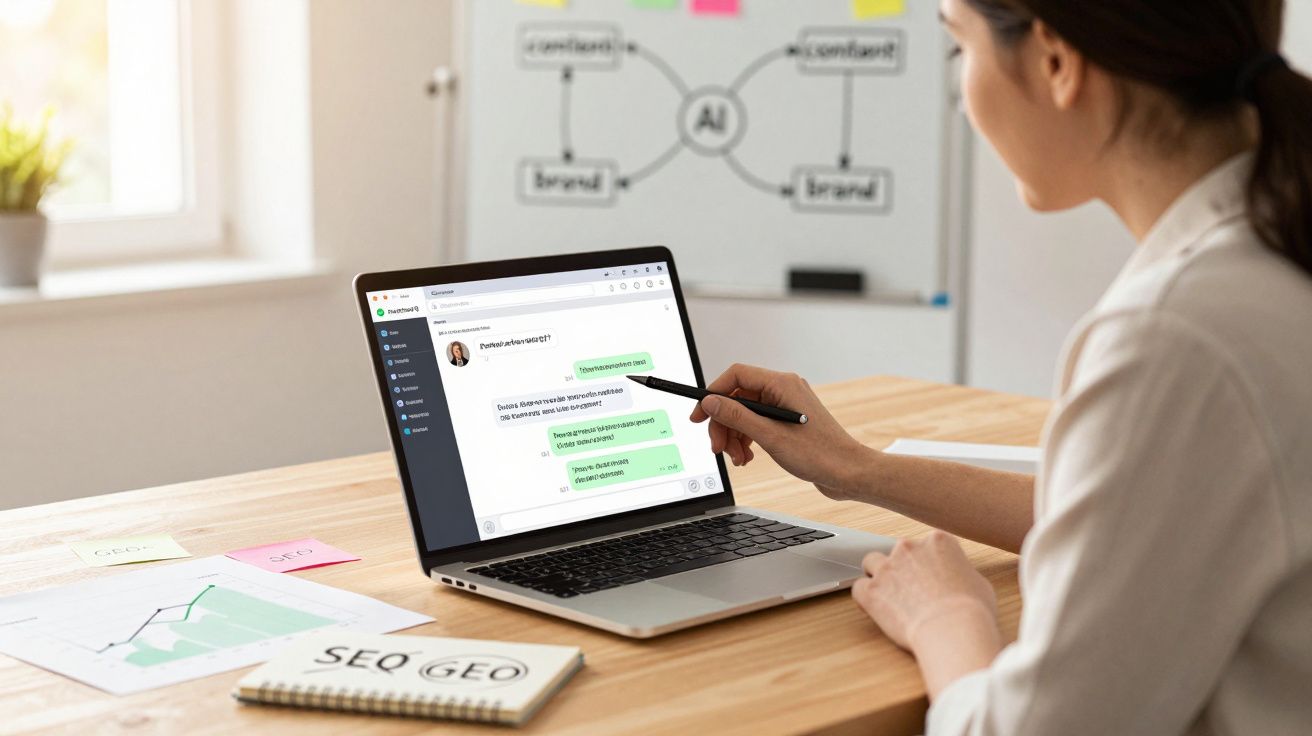 Mulher sentada a apontar conversa num computador portátil numa mesa com documentos e caderno SEO GEO.