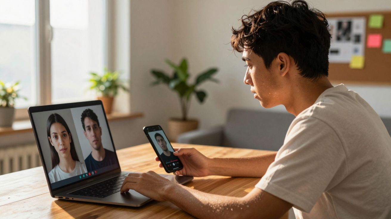 Jovem a participar numa videochamada múltipla no computador e outra no telemóvel numa sala iluminada.