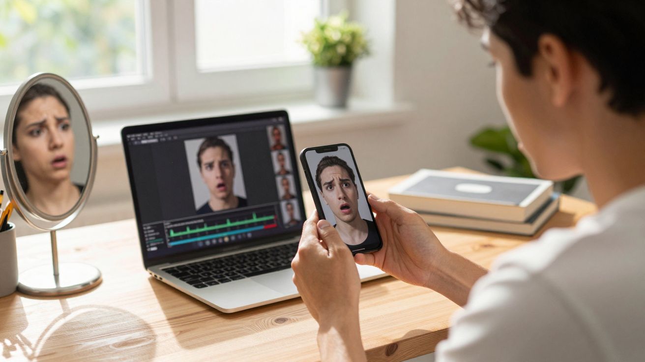 Pessoa a olhar para o ecrã do telemóvel e do computador com expressão de surpresa sentada numa secretária.