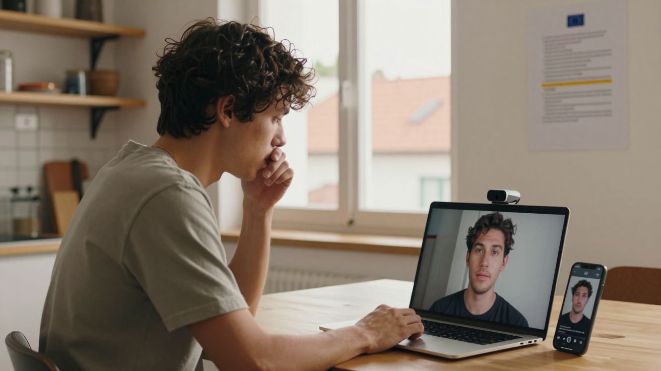 Jovem sentado à mesa em videochamada num computador portátil e smartphone numa sala iluminada.