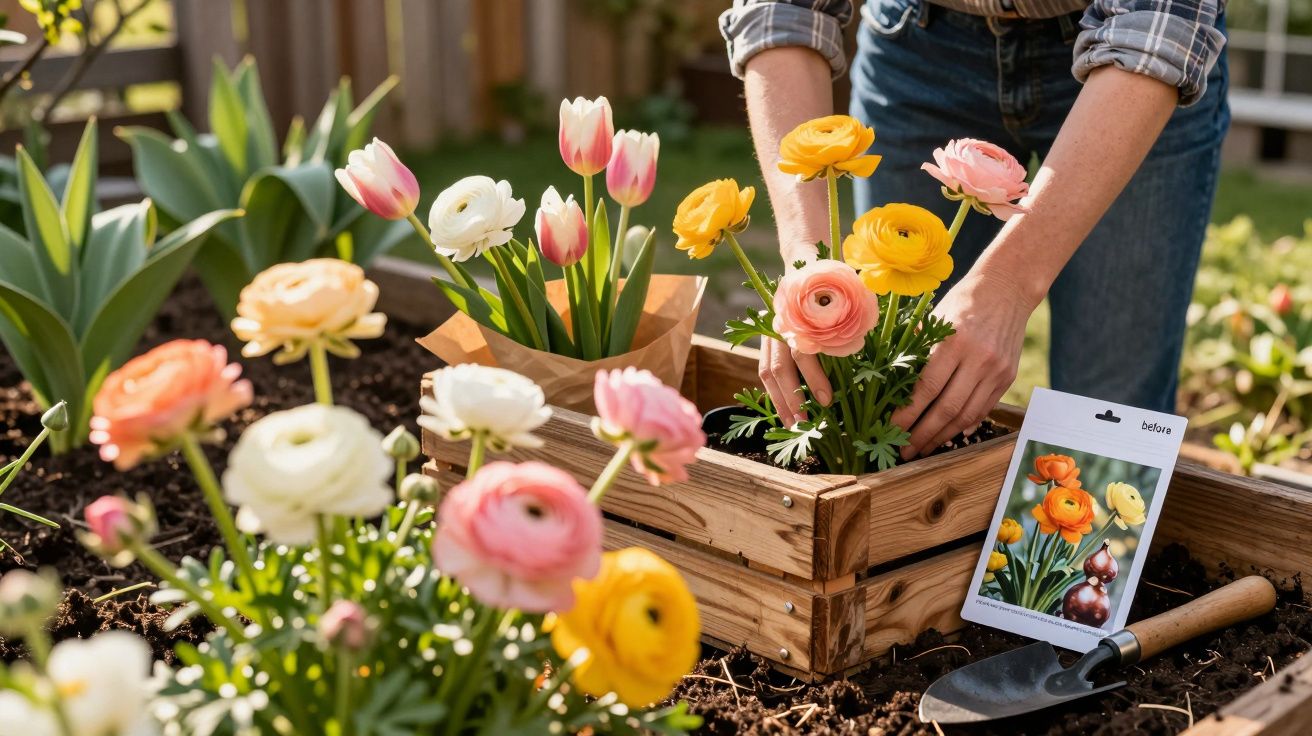 Pessoa a plantar flores coloridas em canteiro de madeira num jardim ensolarado.
