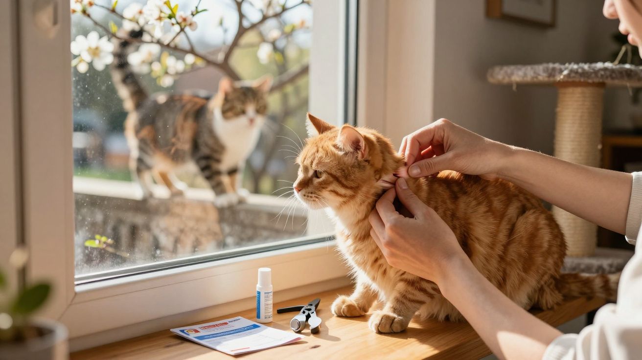 Pessoa a colocar um colar num gato laranja junto a uma janela onde está um gato malhado do lado de fora.