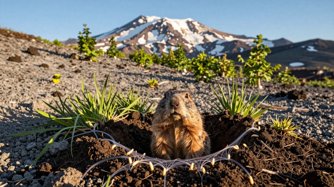 Marmota a sair da toca no solo rochoso com plantas e montanha nevada ao fundo sob céu azul.