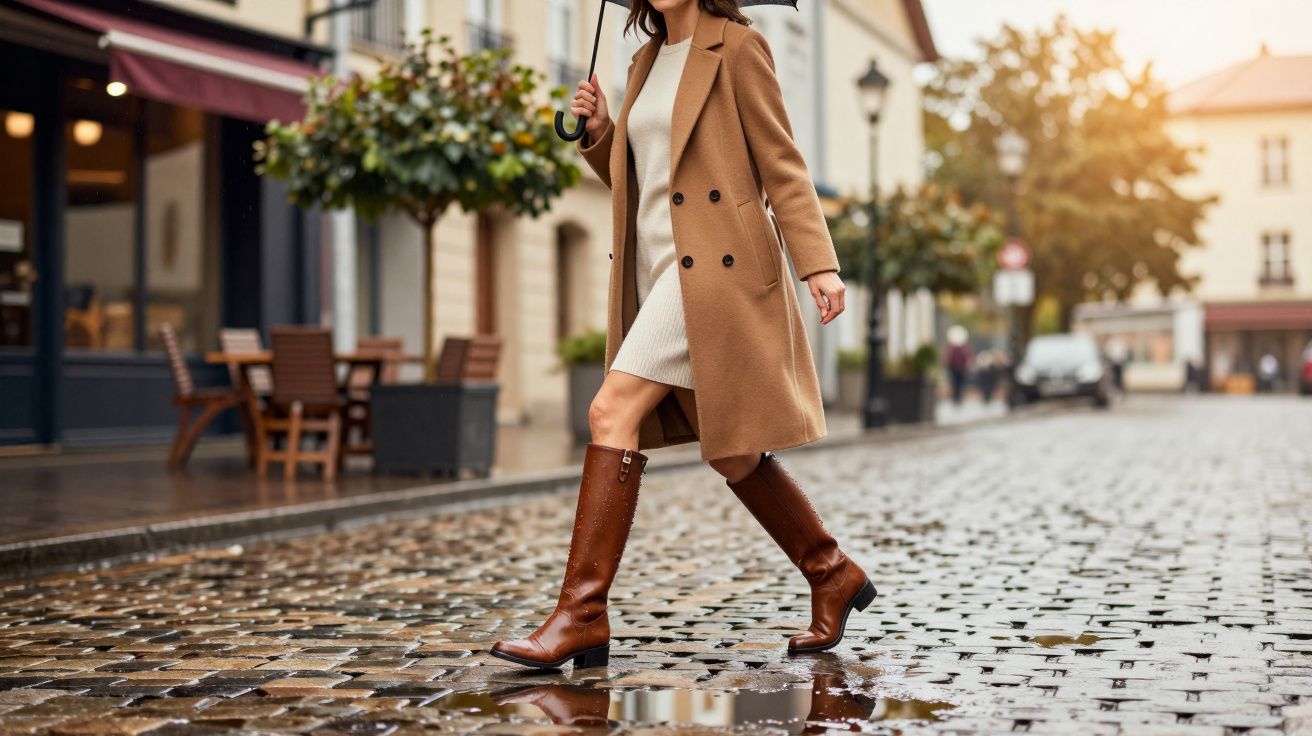 Mulher com casaco bege e botas castanhas caminha numa rua de calçada molhada com guarda-chuva aberto.