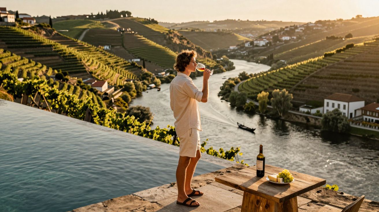 Homem a beber vinho junto a piscina infinita com vista para vinhas no vale de rio ao pôr do sol.