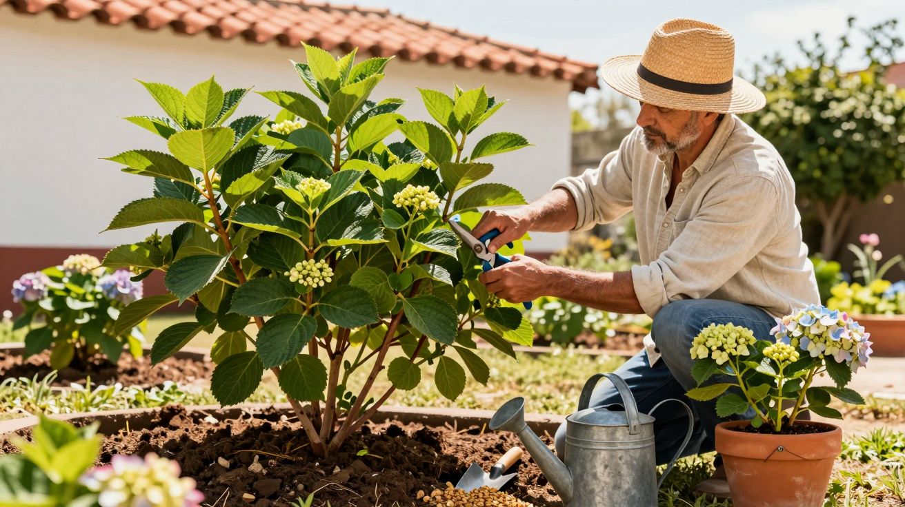 Homem de chapéu a podar planta em jardim com regador e vaso de flores ao lado.