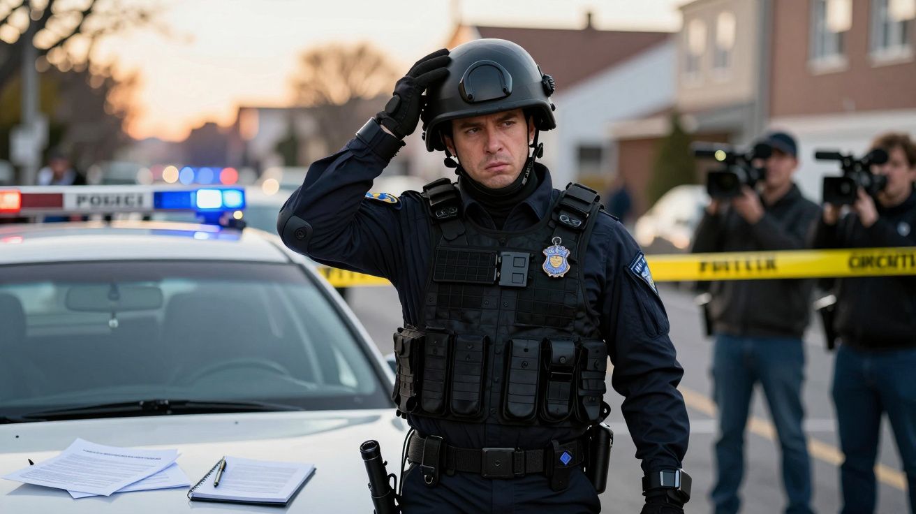Polícia armado com capacete e colete à prova de bala junto a carro patrulha e fita de crime, enquanto fotógrafos tiram fotos.
