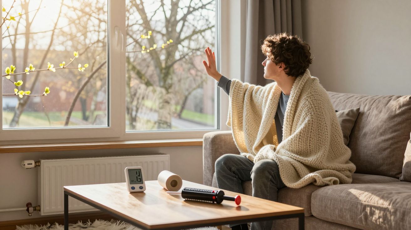 Pessoa com manta sentada no sofá a olhar pela janela iluminada pelo sol, com medicamentos na mesa.