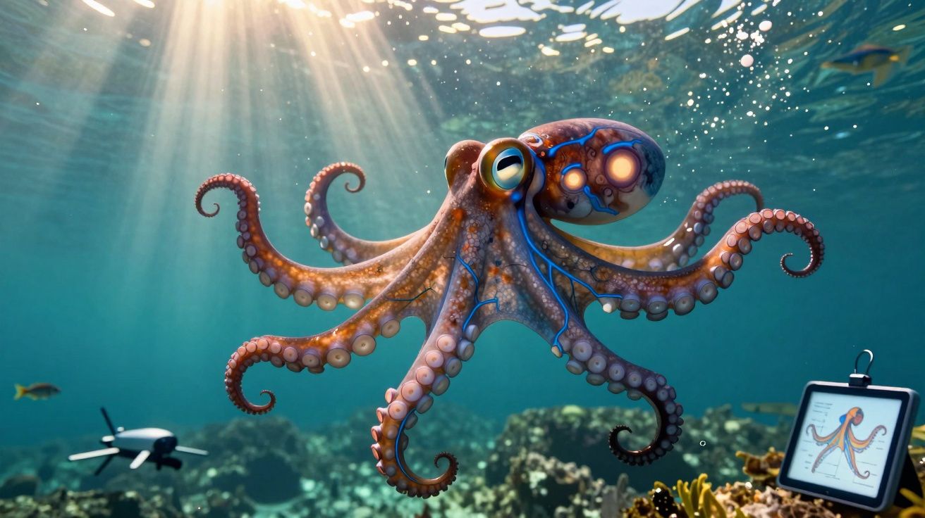 Polvo subaquático com luzes azuis iluminando o corpo, rodeado por robô marinho e ecrã com estudo do animal.
