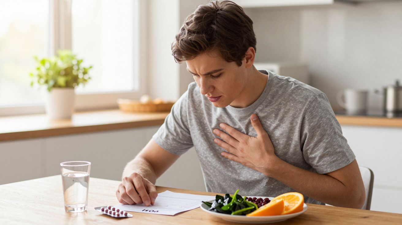 Homem sentado à mesa com mão no peito, olhando para bula de medicamentos e comida saudável.