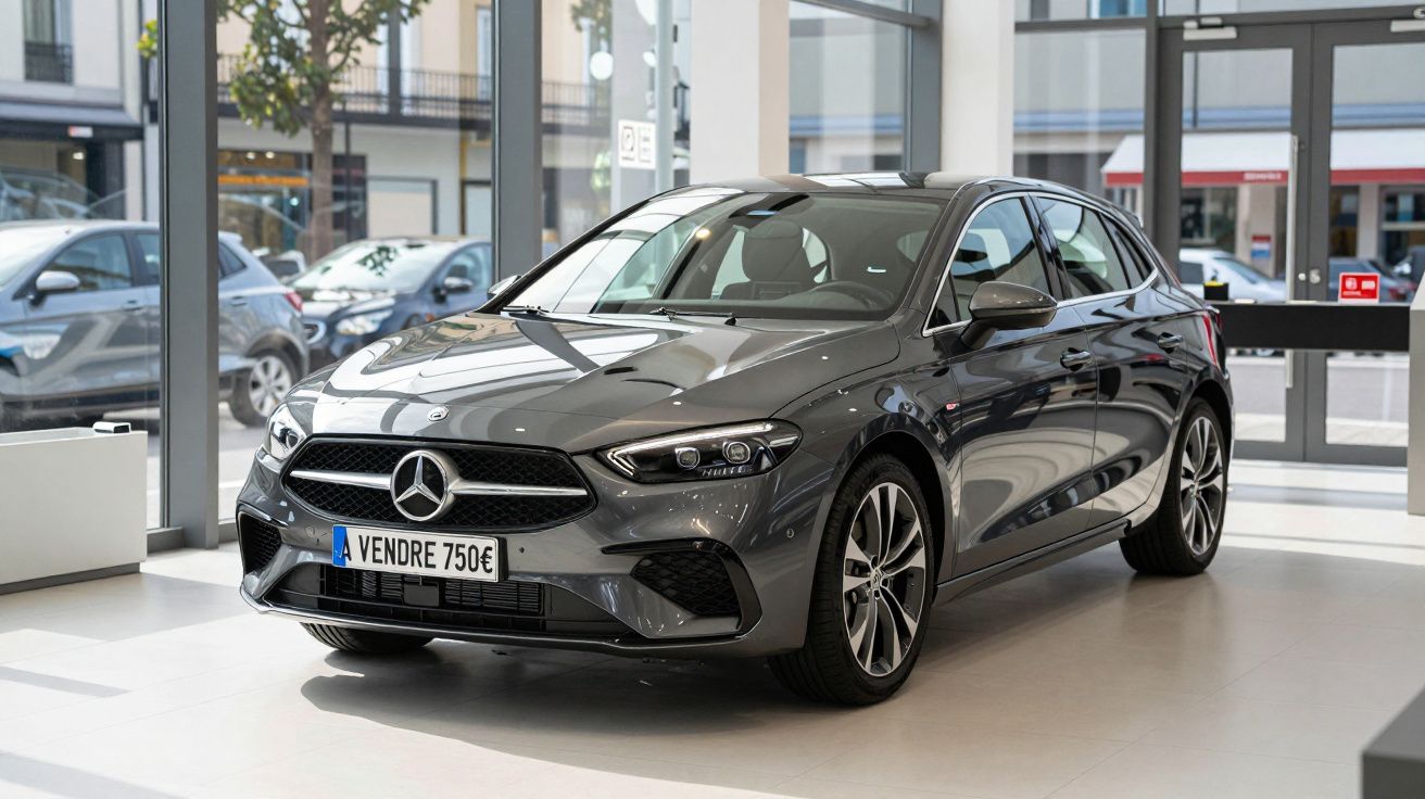 Carro Mercedes-Benz cinzento exposto numa loja com placa de venda a 750 euros.