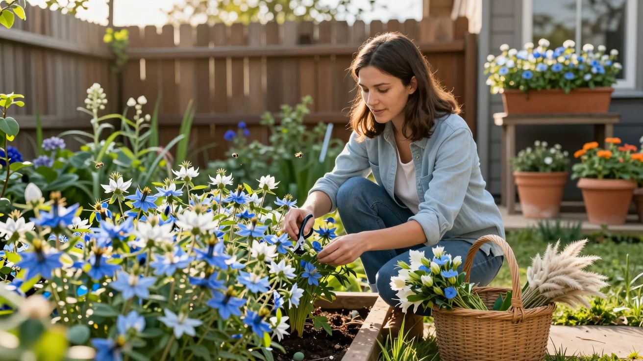 Mulher a cortar flores azuis e brancas num jardim com cesta de flores ao lado.