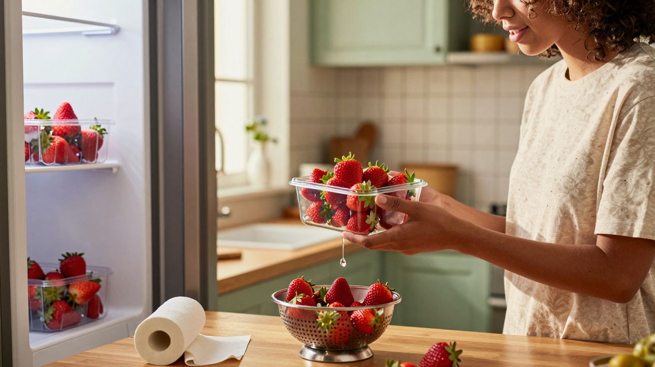Pessoa a lavar morangos frescos numa cozinha luminosa, com frutas numa taça e no frigorífico aberto.