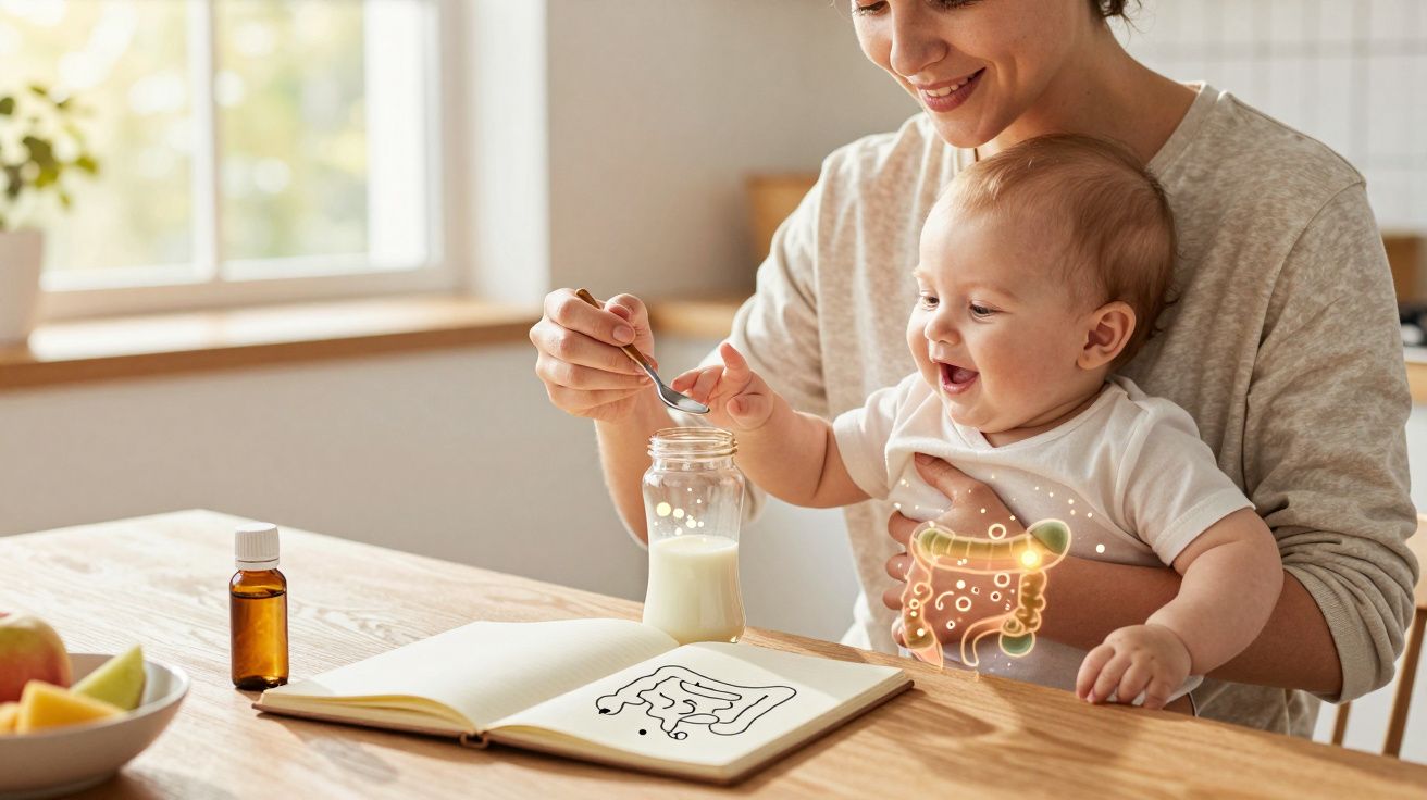 Mãe a alimentar bebé com leite, com ilustração digital do sistema digestivo em destaque.