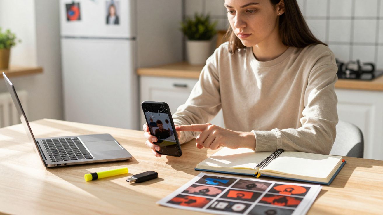Mulher sentada à mesa da cozinha a usar telemóvel com computador portátil e material de trabalho à sua frente.