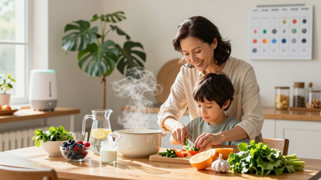 Mulher ajuda criança a cortar vegetais numa cozinha luminosa com vapor a sair da panela.
