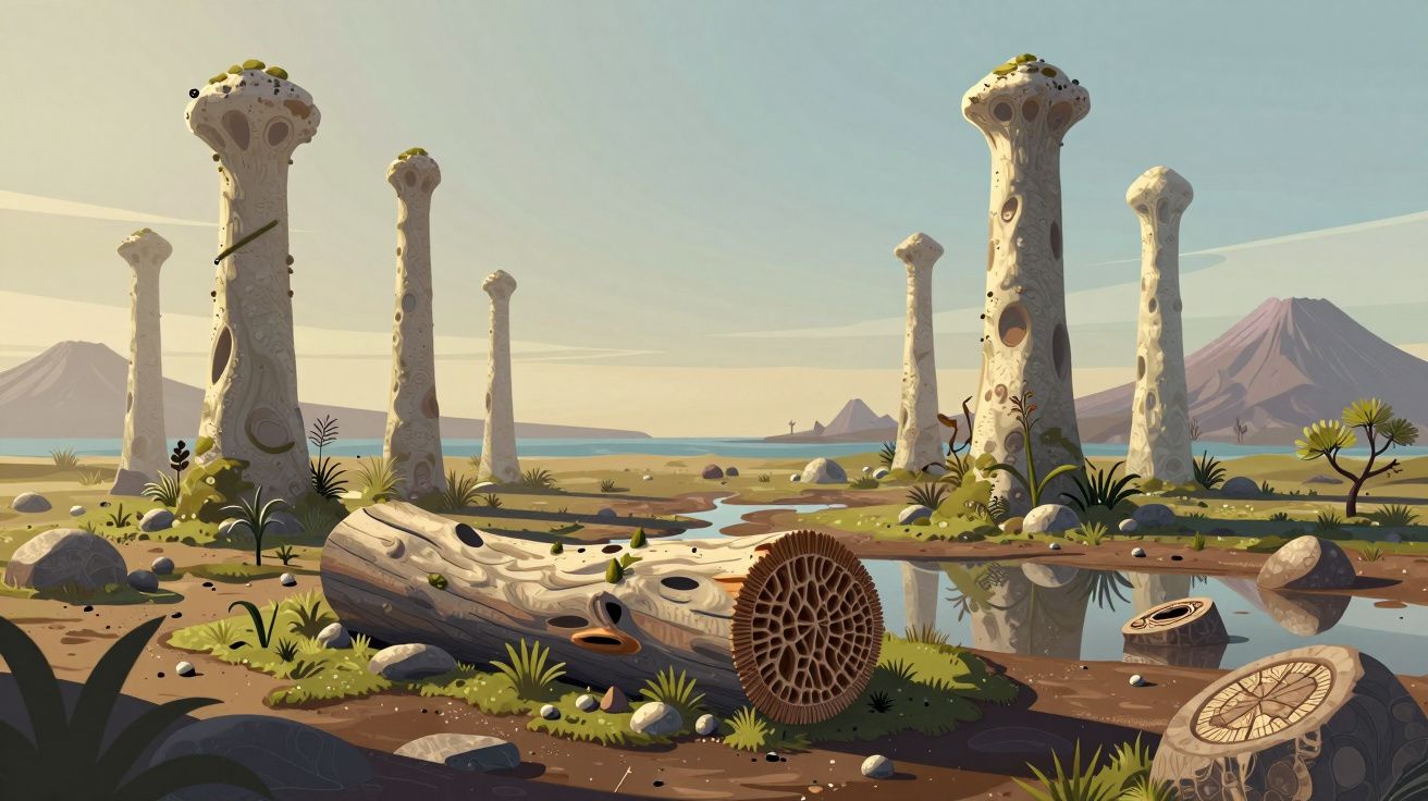 Paisagem com pilares altos e ocos, troncos caídos, vegetação rasteira e montanhas ao fundo sob céu claro.