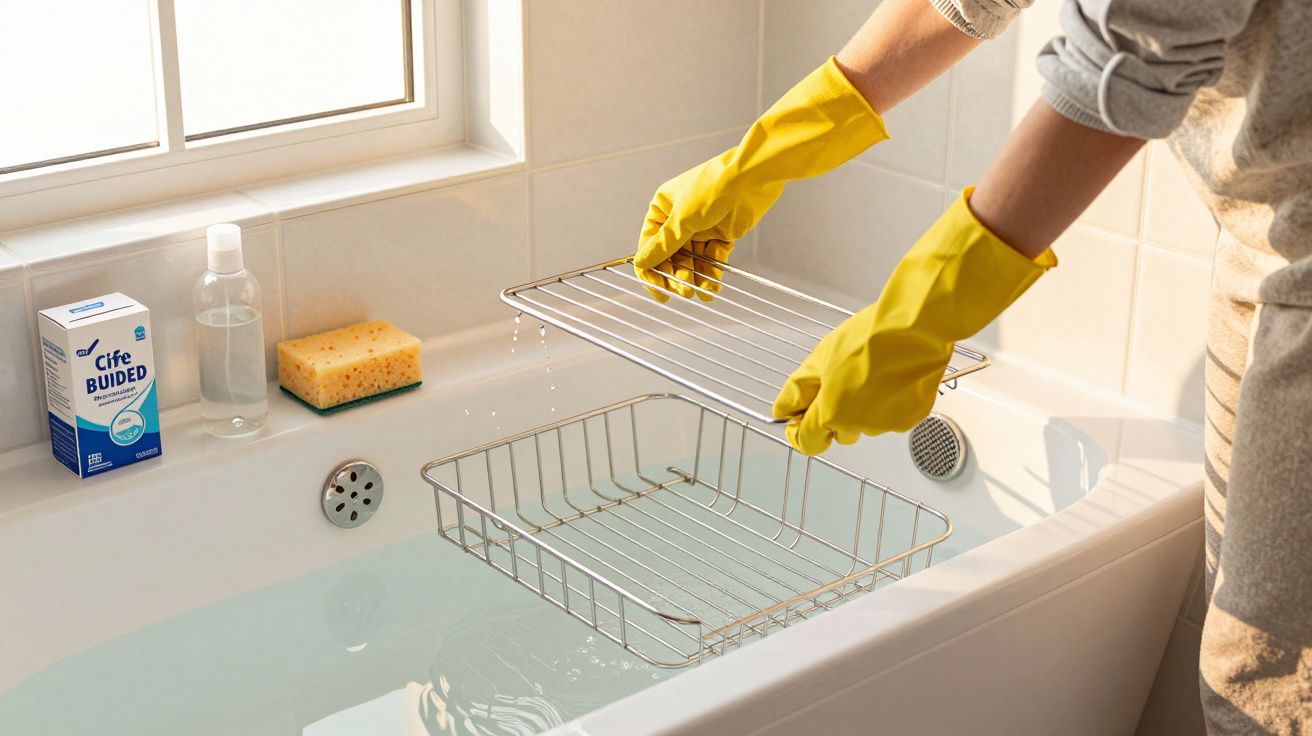Pessoa a limpar um escorredor de loiça metálico dentro de uma banheira com luvas amarelas.