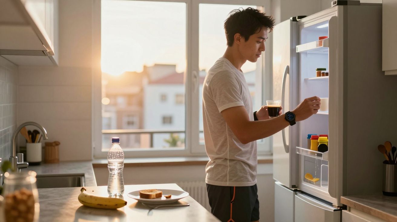 Homem jovem a preparar bebida junto ao frigorífico aberto numa cozinha iluminada pela luz do pôr do sol.