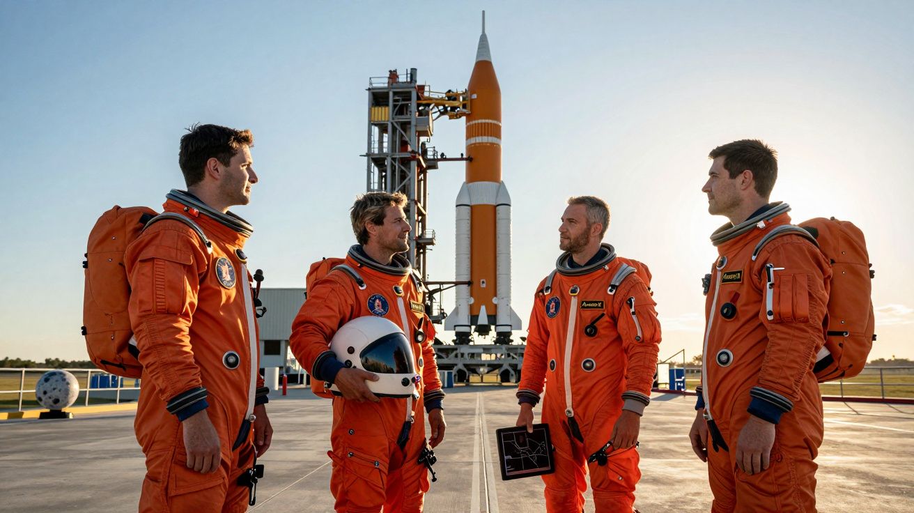 Quatro astronautas de fato laranja em frente a um foguetão pronto para lançamento ao pôr do sol.