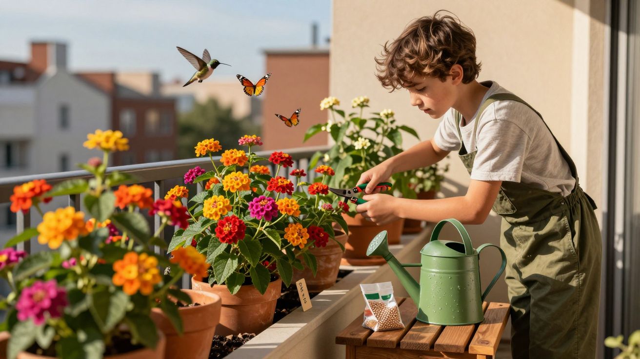 Menino a cuidar de flores coloridas num vaso no terraço, com regador e aves ao redor.