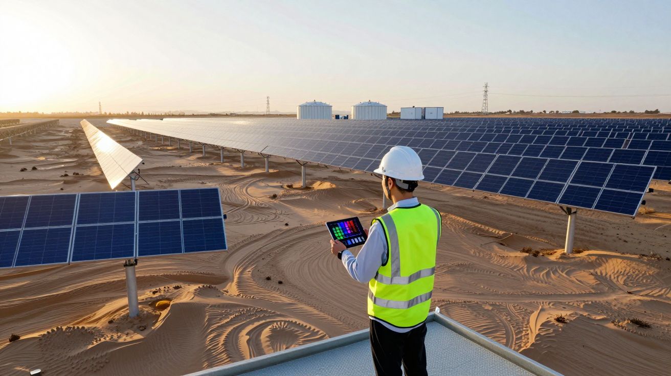 Homem com colete e capacete a inspecionar painéis solares numa área desértica ao pôr do sol.