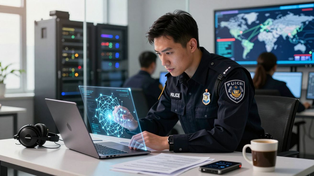 Polícia tecnológica a analisar dados num computador com holograma num centro de controlo digital.