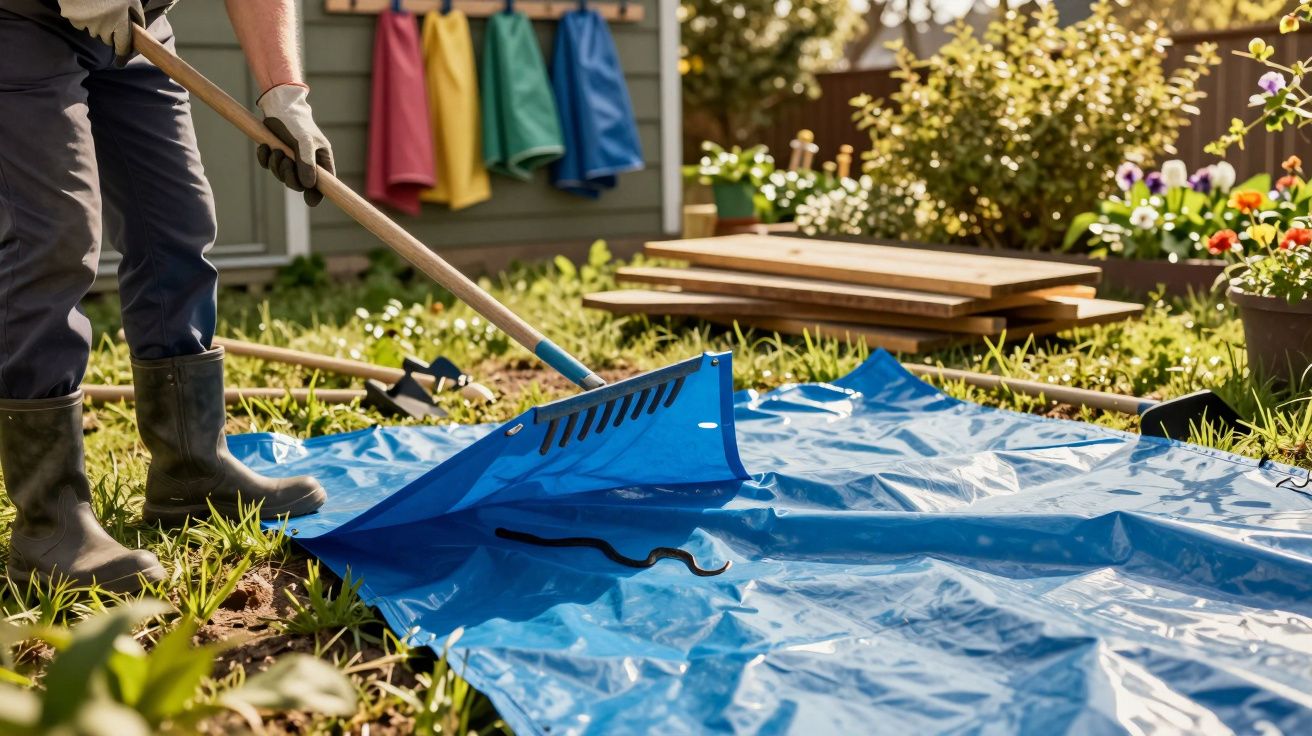 Pessoa a apanhar uma cobra com uma ferramenta numa manta azul no jardim, com roupas de trabalho penduradas ao fundo.