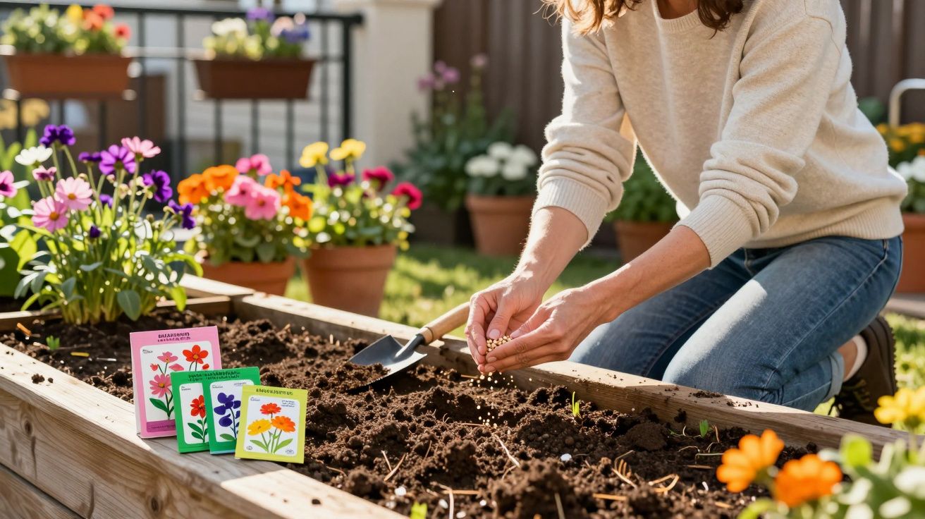 Pessoa a semear sementes numa grande caixa de madeira num jardim com flores coloridas ao fundo.