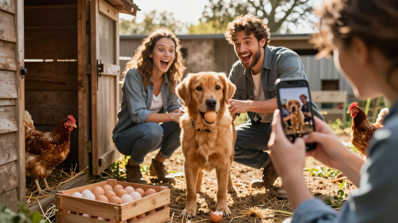 Cão com um ovo na boca em quintal rural com galinhas enquanto pessoas tiram foto e sorriem.