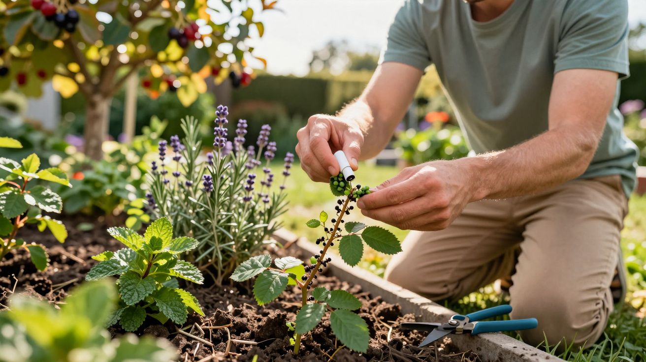 Pessoa a colher amoras verdes num jardim com ervas aromáticas e outras plantas.