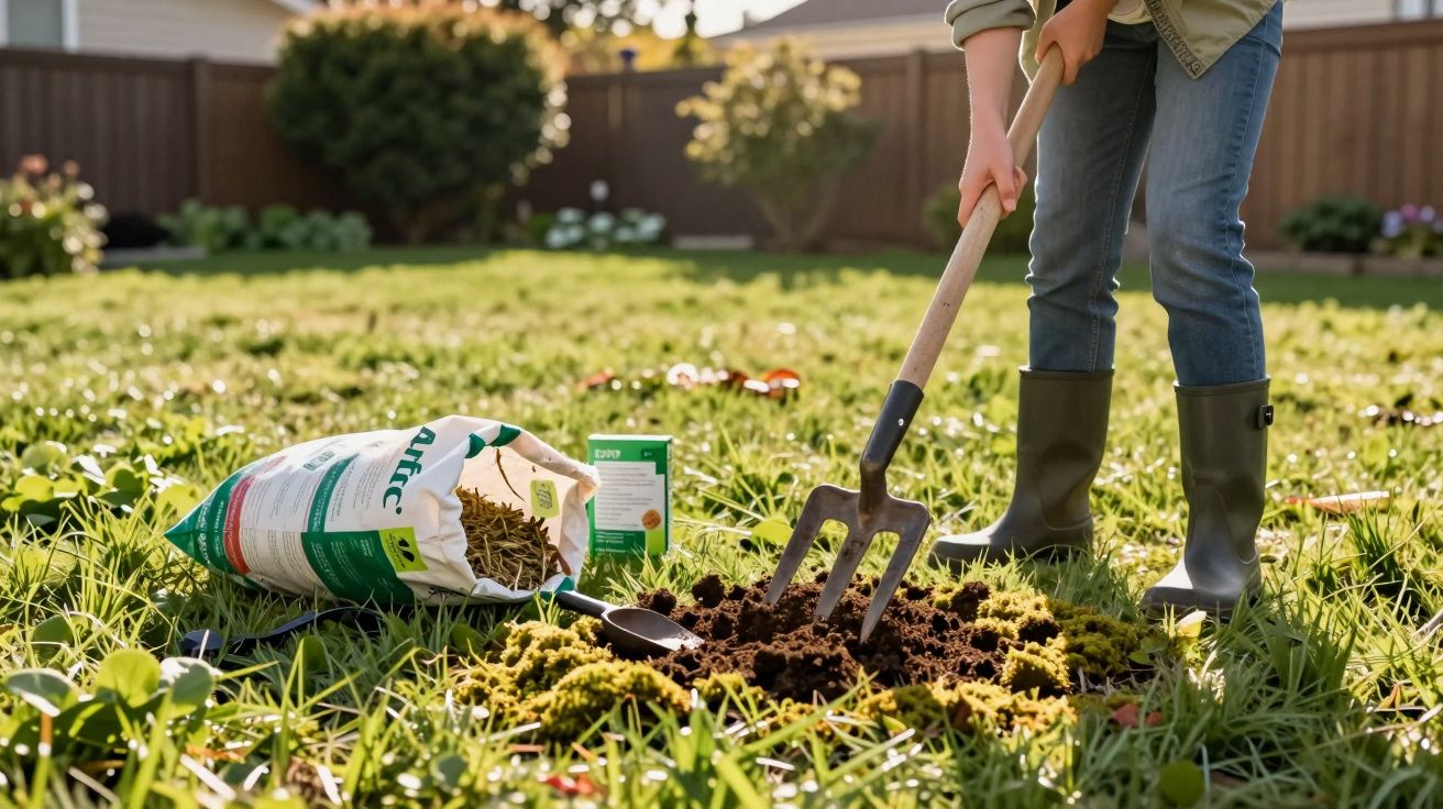 Pessoa de botas verdes a cavar terra num jardim com saco de fertilizante e sementeira ao lado.