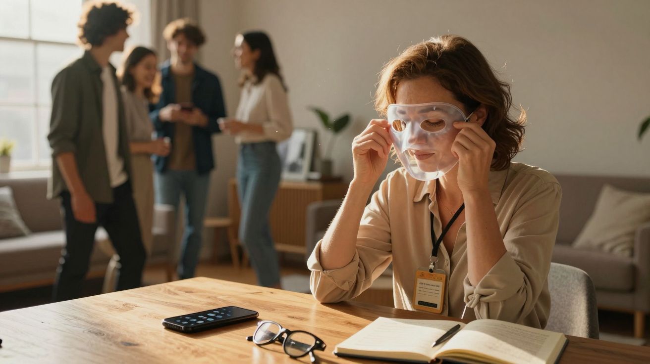 Mulher sentada a colocar máscara facial transparente, com grupo de pessoas ao fundo numa sala iluminada.