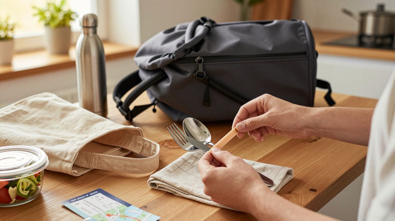 Pessoa a colocar cera em talheres reutilizáveis numa mesa com mochila, garrafa e recipiente de comida.