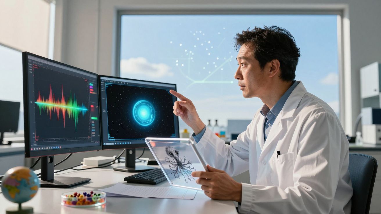 Cientista em laboratório, analisando dados em ecrãs e segurando imagem digital de um polvo.