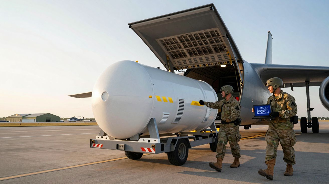 Dois soldados em uniforme militar inspeccionam grande cilindro branco perto de avião no aeroporto ao entardecer.