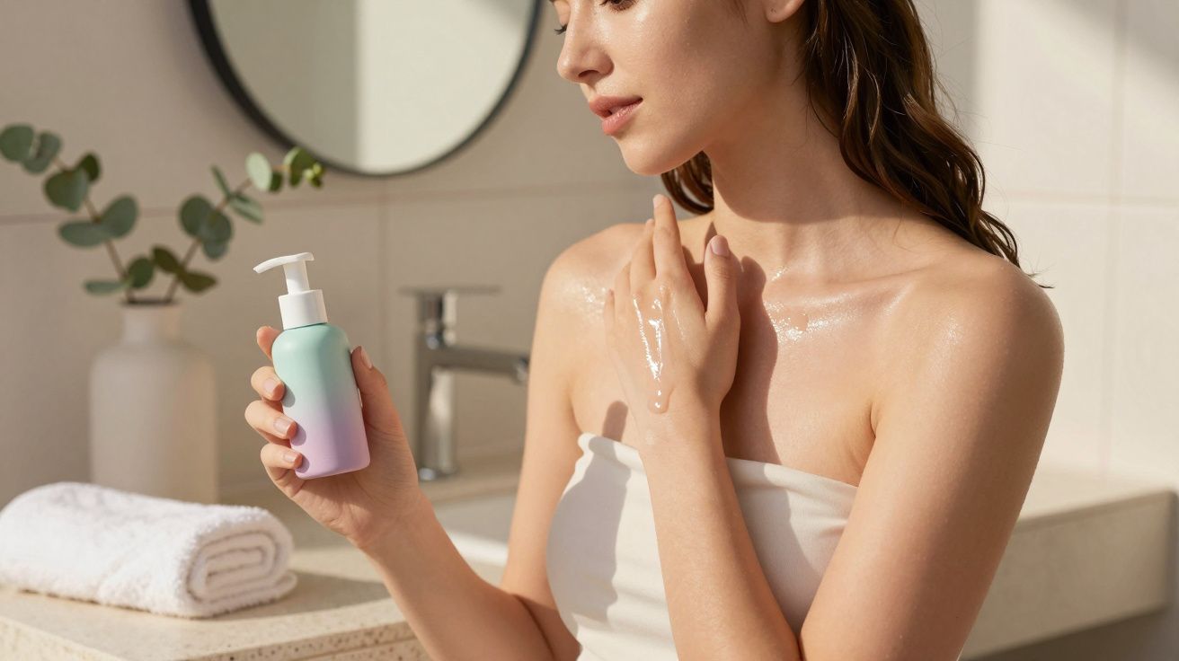 Mulher a aplicar creme hidratante no ombro num ambiente de casa de banho iluminado e tranquilo.